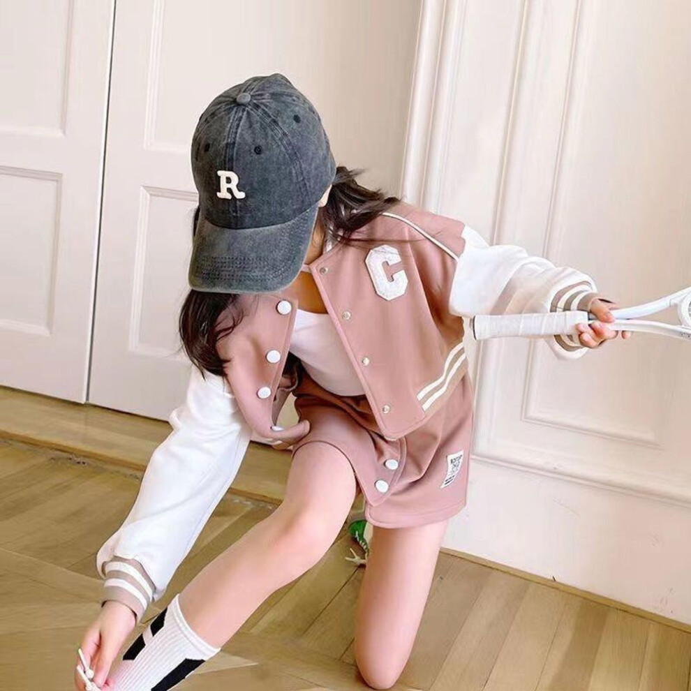 (pink, 110 cm) Girls' Korean Spring & Autumn 2024 Fashion: Button Baseball Jacket & Skirt Two-piece Set