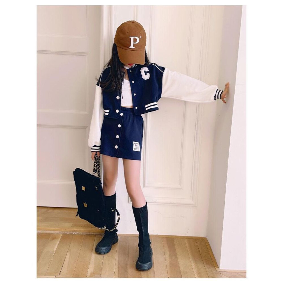 (navy blue, 140 cm) Girls' Korean Spring & Autumn 2024 Fashion: Button Baseball Jacket & Skirt Two-Piece Set