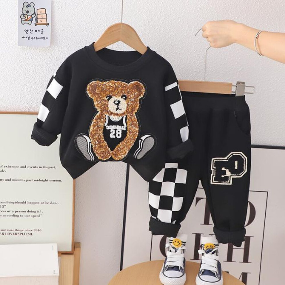 (black, 130cm) 2024 Boys' Casual Korean Cartoon Sweatshirt & Plaid Pants Two-piece Set