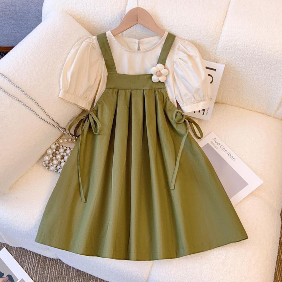 (army green, 120 cm) 2024 Girls' Summer Stylish Two-Piece: Bubble Sleeve Top & Suspender Dress