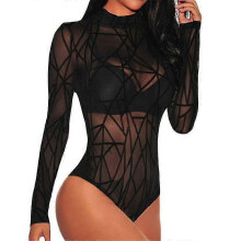 Summer Black Mesh Sheer Sexy Bodysuits Women Romper Long Sleeve Leotard Tops Lace Skinny Bodycon Jumpsuit Turtleneck Rompers