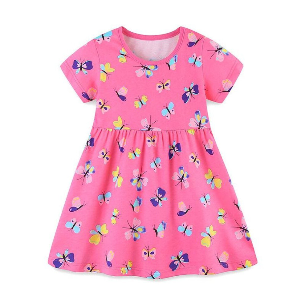 (3 Years (100cm)) Girls' European & American Style Butterfly Print Summer Dress - Cotton, Round Neck, Princess Design-image-OPC-PH6RYBB-NEW