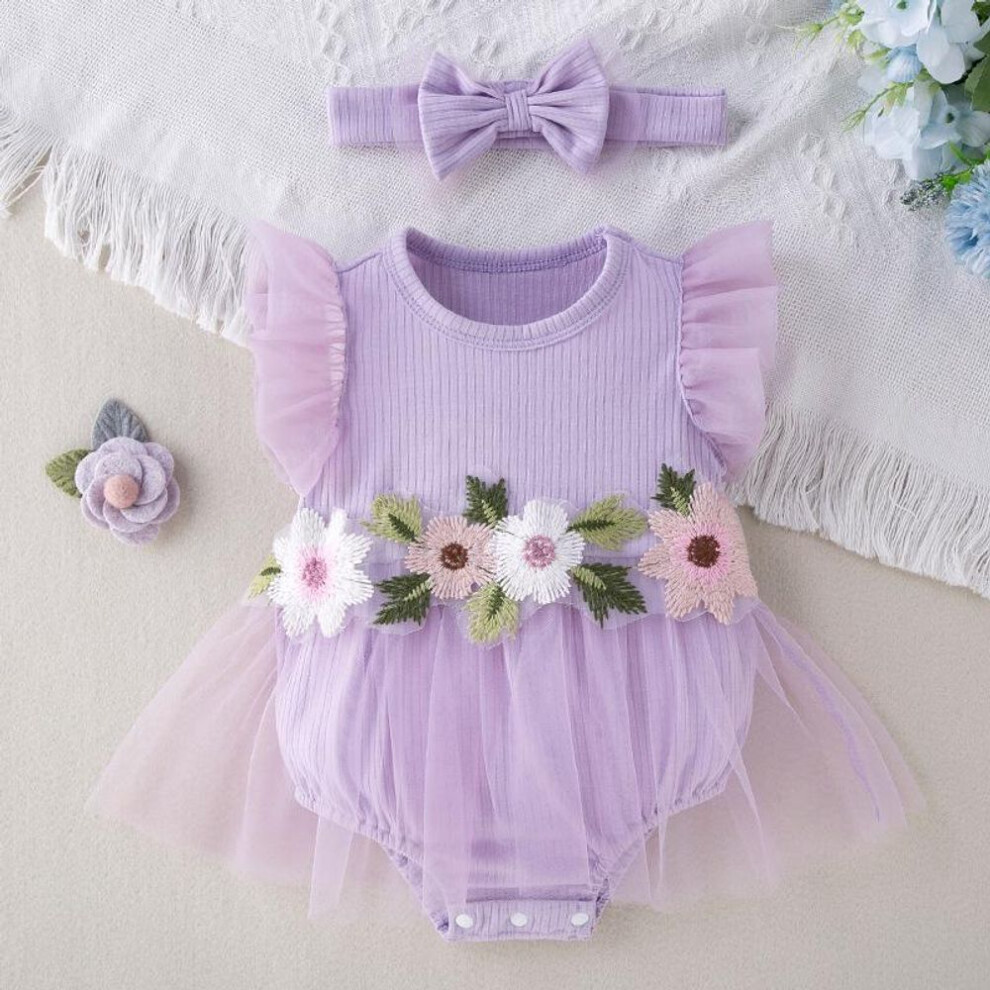 (purple, 9-12M) New Style Baby Girl Mesh Dress With Floral Flying Sleeves And Hair Accessories Set