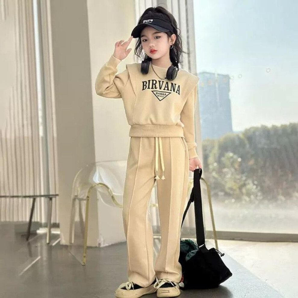 (apricot, 150cm) Girls' Korean Casual Two-piece Suit: Stylish Letter Top And Long Sleeve Trousers For Spring And Autumn
