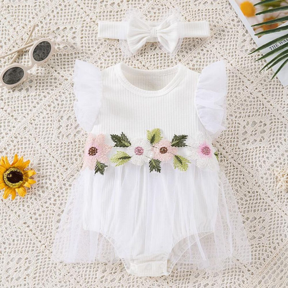 (white, 6-9M) New Style Baby Girl Mesh Dress With Floral Flying Sleeves And Hair Accessories Set