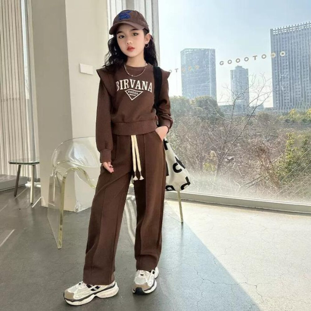 (brown, 170cm) Girls' Korean Casual Two-Piece Suit: Stylish Letter Top and Long Sleeve Trousers for Spring and Autumn