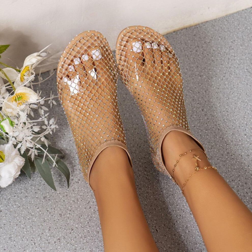 (brown, 36) Summer Round Toe Sandals Hollow Net Diamond Short Boots - Sexy, Large Size, Flat Shoes