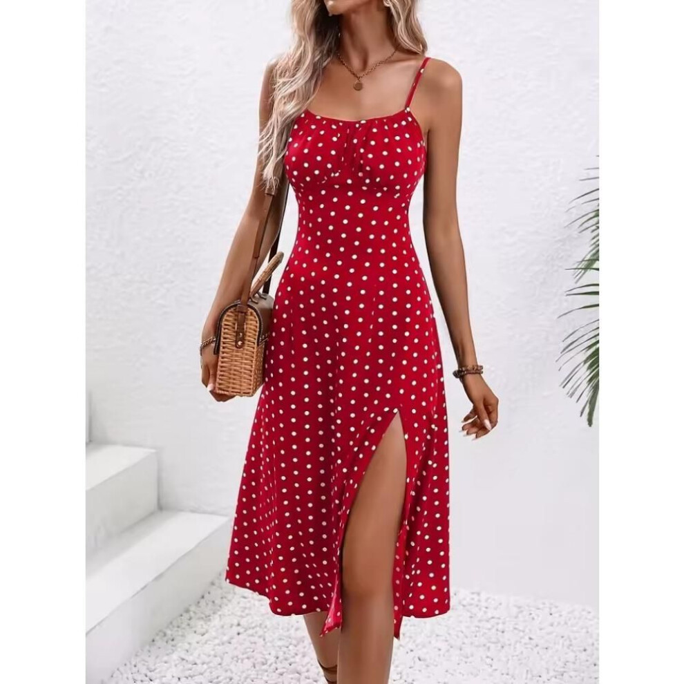 (scarlet, L) 2025 Summer Sexy Spaghetti Straps Dress Women Fashion Polka Dot Print Sleeveless Slit Dress Boho Casual Beach Midi Dresses