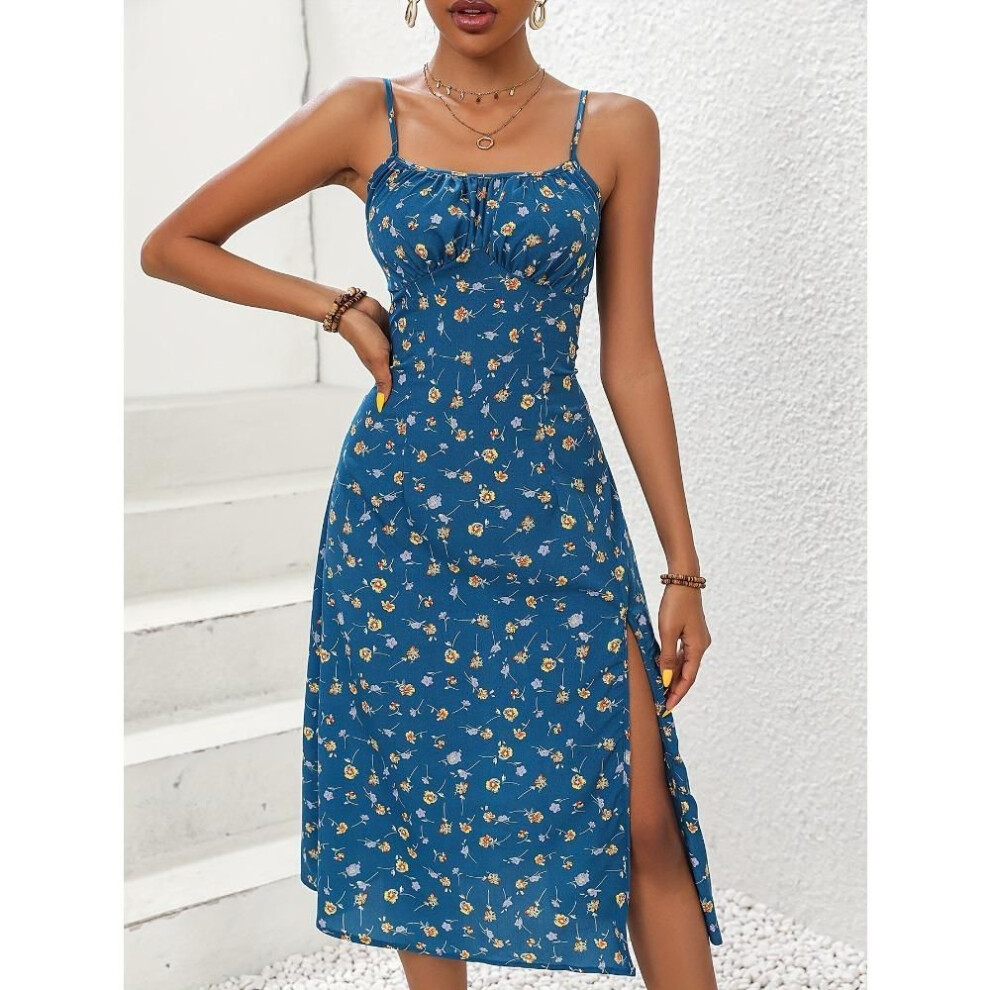 (blue, XL) 2025 Summer Sexy Spaghetti Straps Dress Women Fashion Polka Dot Print Sleeveless Slit Dress Boho Casual Beach Midi Dresses