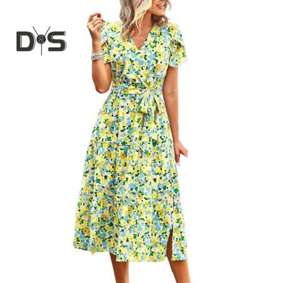 (green, L) Women Summer Dress Flower Print A Line Loose Hem Patchwork Short Sleeves Irregular Short Sleeve Split Hem Lace Up High Waist Lady Midi Dress