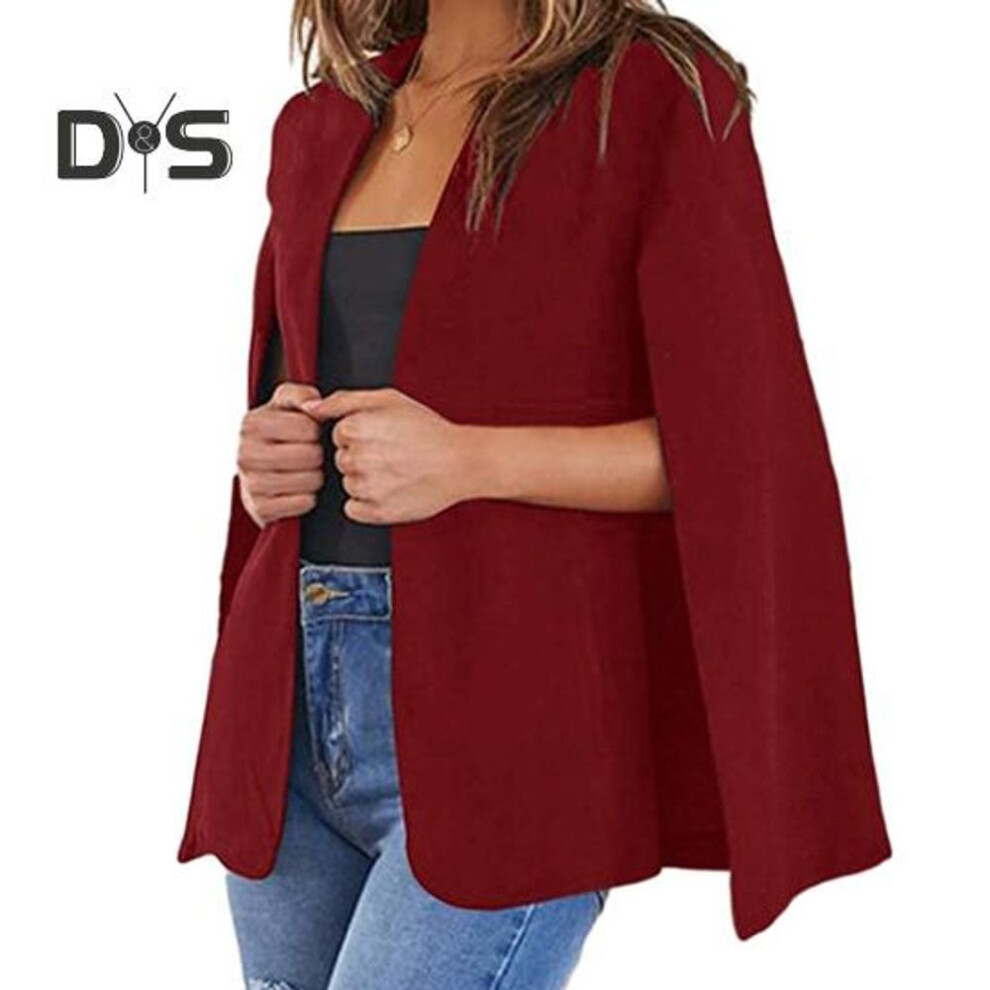 (red, XL) Spring Autumn Women Collarless Split Sleeve Design Cloak Suit Coat Office Lady Solid Color Open Front Casual Loose Outerwear Tops