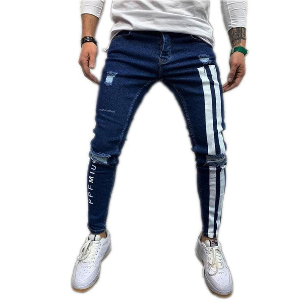 (dark blue, S) European & American Men's Ripped Elastic Printed Skinny Jeans 8824