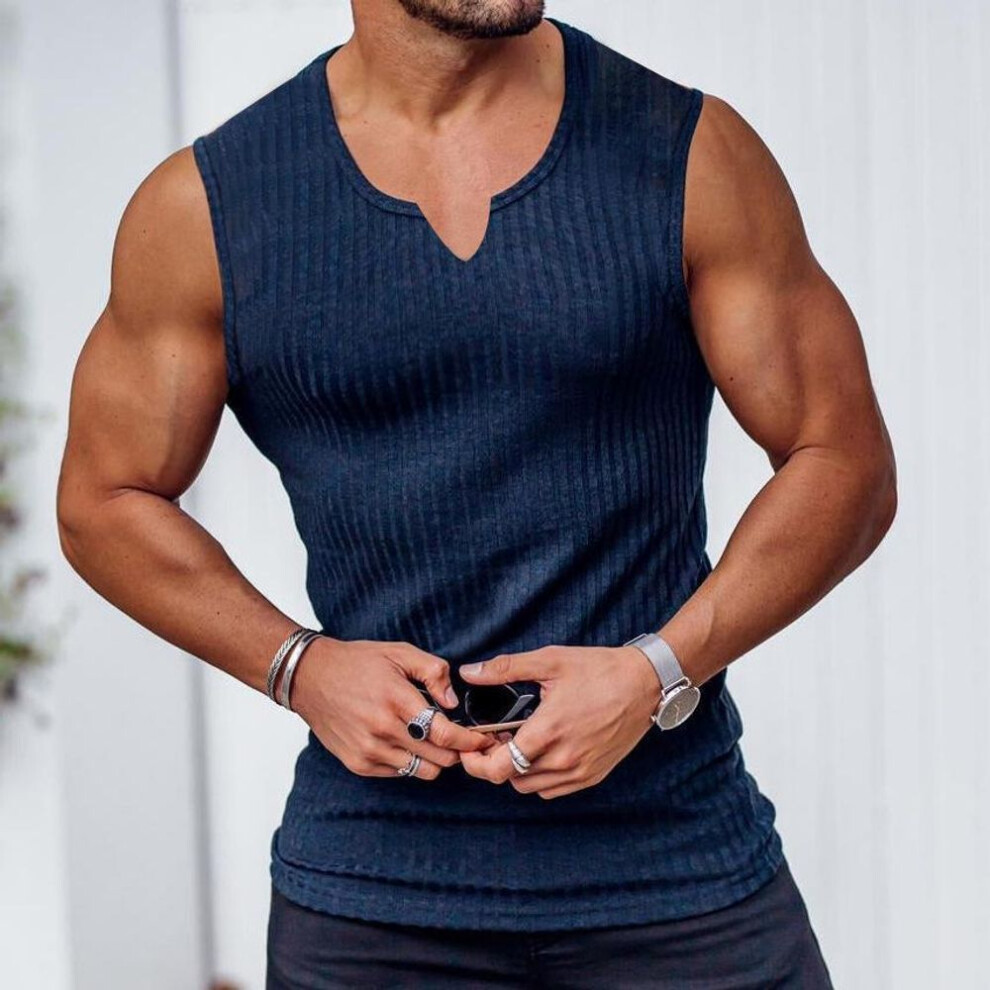 (navy, XL) Men's Slim Fit Vertical Stripe V-Neck Knitted Sports Vest