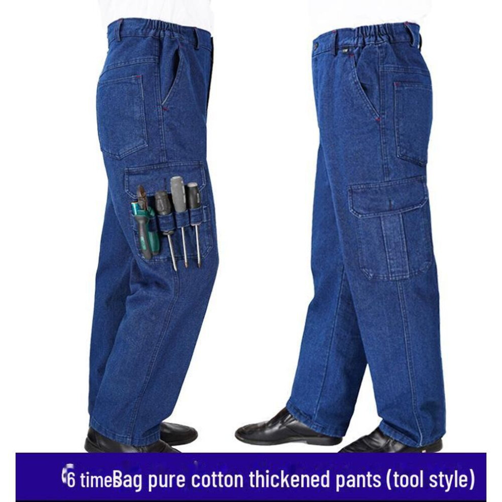 (as the picture, 6 thickened pockets, 195) Men's Thickened Denim Multi-pocket Welding Overalls - Durable, Loose-fit, Pure Cotton Labor Protection Pants
