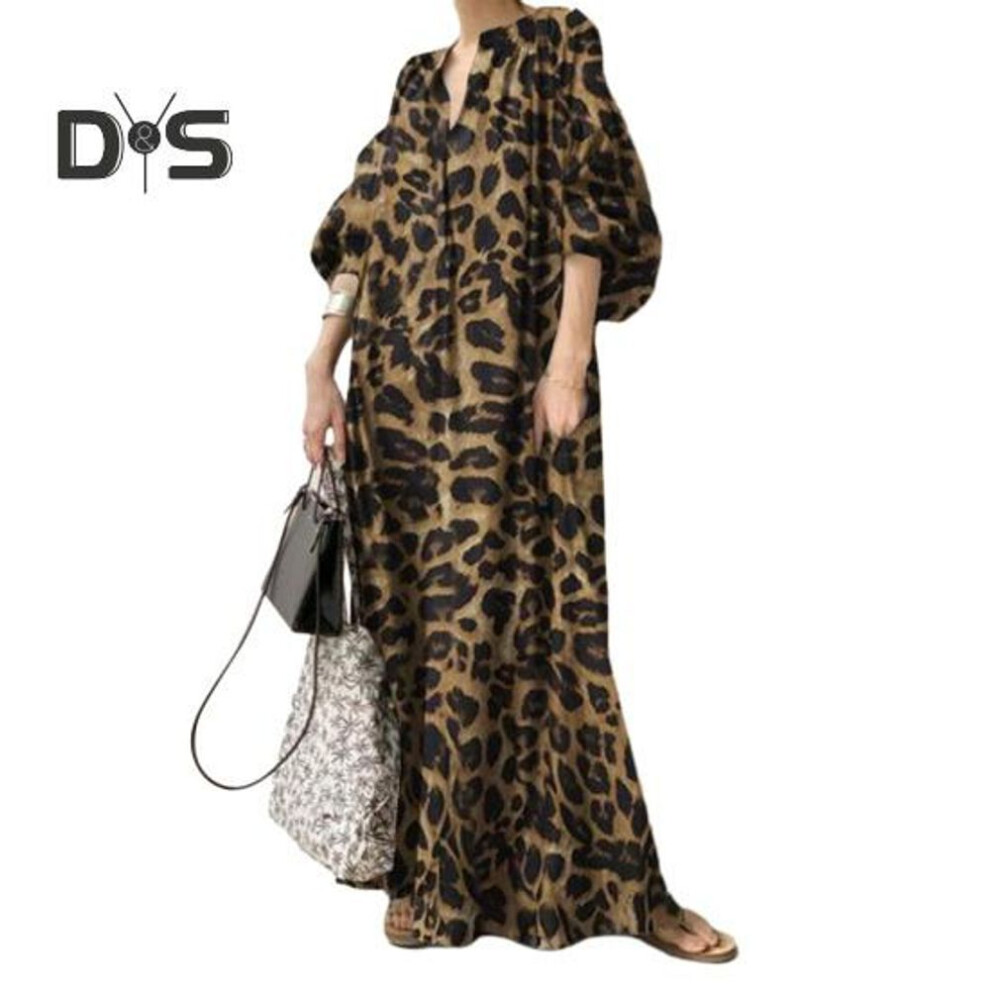 (coffee, 2XL) Lady Maxi Dress Leopard Print Stand Collar Oversized Half Sleeve Bohemian Style Casual Full Length Fall Spring Dress