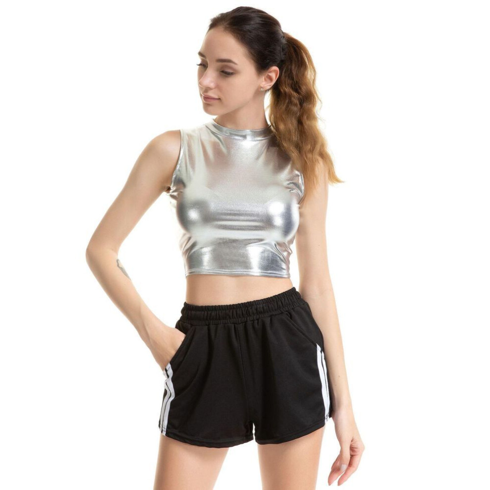 (2XL, silver) Womens Shiny Metallic Crop Top Sleeveless Turtleneck Tank Top T-Shirt Dance Vest Clubwear