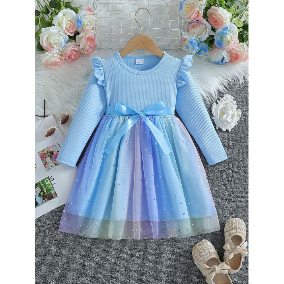 (light blue, 100cm [3-4 years]) Autumn 2025 Long-Sleeve Bow Mesh Dress for Baby Girls