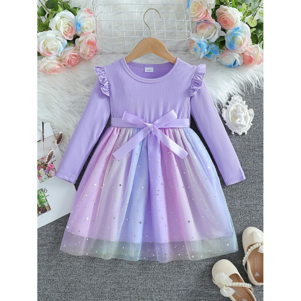 (purple, 100cm [3-4 years]) Autumn 2025 Long-Sleeve Bow Mesh Dress for Baby Girls