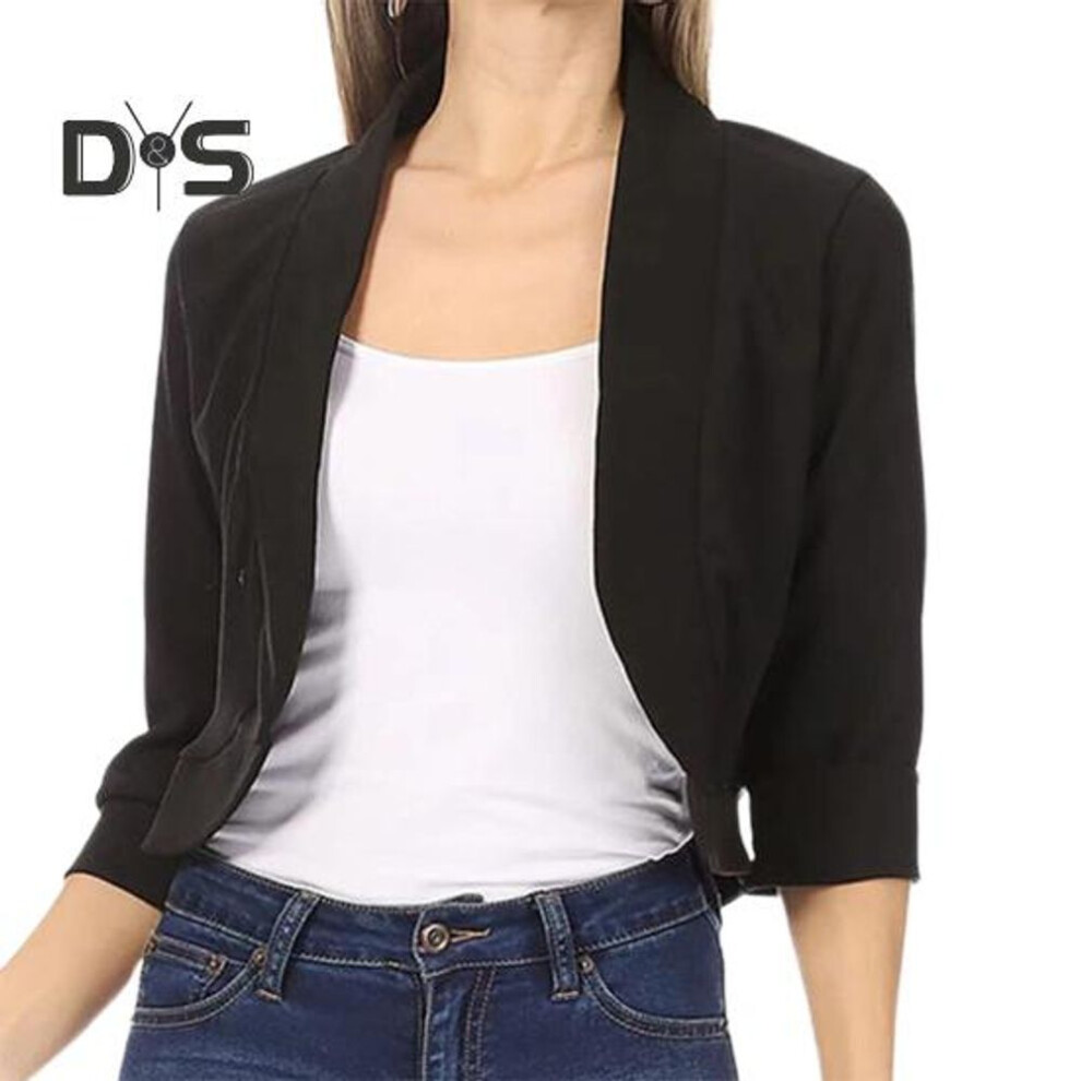 (black, XL) Women Blazer Short Coat Cardigan Open Stitch Solid Color Loose Spring Fall Jacket Three Quarter Sleeve Soft Ol Commute Style Lady Jacket