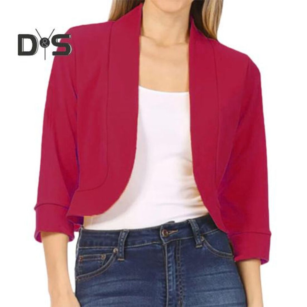 (red, XL) Women Blazer Short Coat Cardigan Open Stitch Solid Color Loose Spring Fall Jacket Three Quarter Sleeve Soft Ol Commute Style Lady Jacket