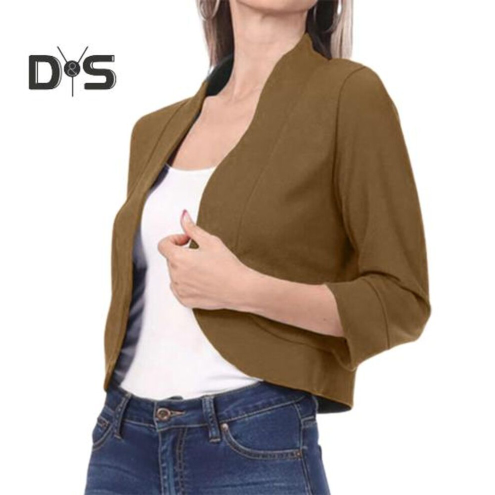(camel, M) Women Blazer Short Coat Cardigan Open Stitch Solid Color Loose Spring Fall Jacket Three Quarter Sleeve Soft OL Commute Style Lady Jacket