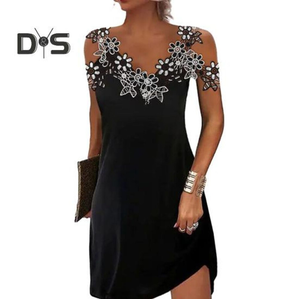 (black, L) Women Summer Lace Stitching Sling Mini Dress V Neck Cold Shoulder Sleeveless Slim Fit Short Dress Streetwear
