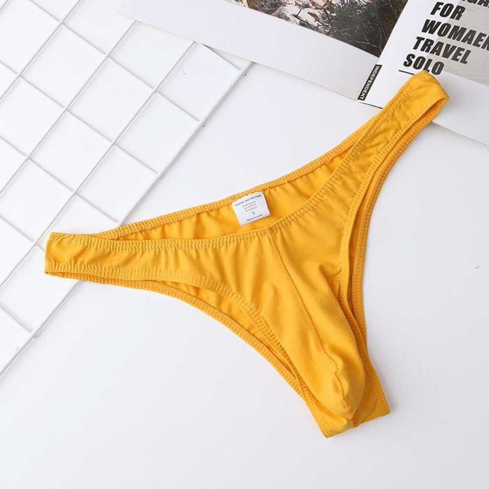 (S, yellow) Men's Large Size Sexy Cotton Underwear Thong With Bullet Separation U-convex Design
