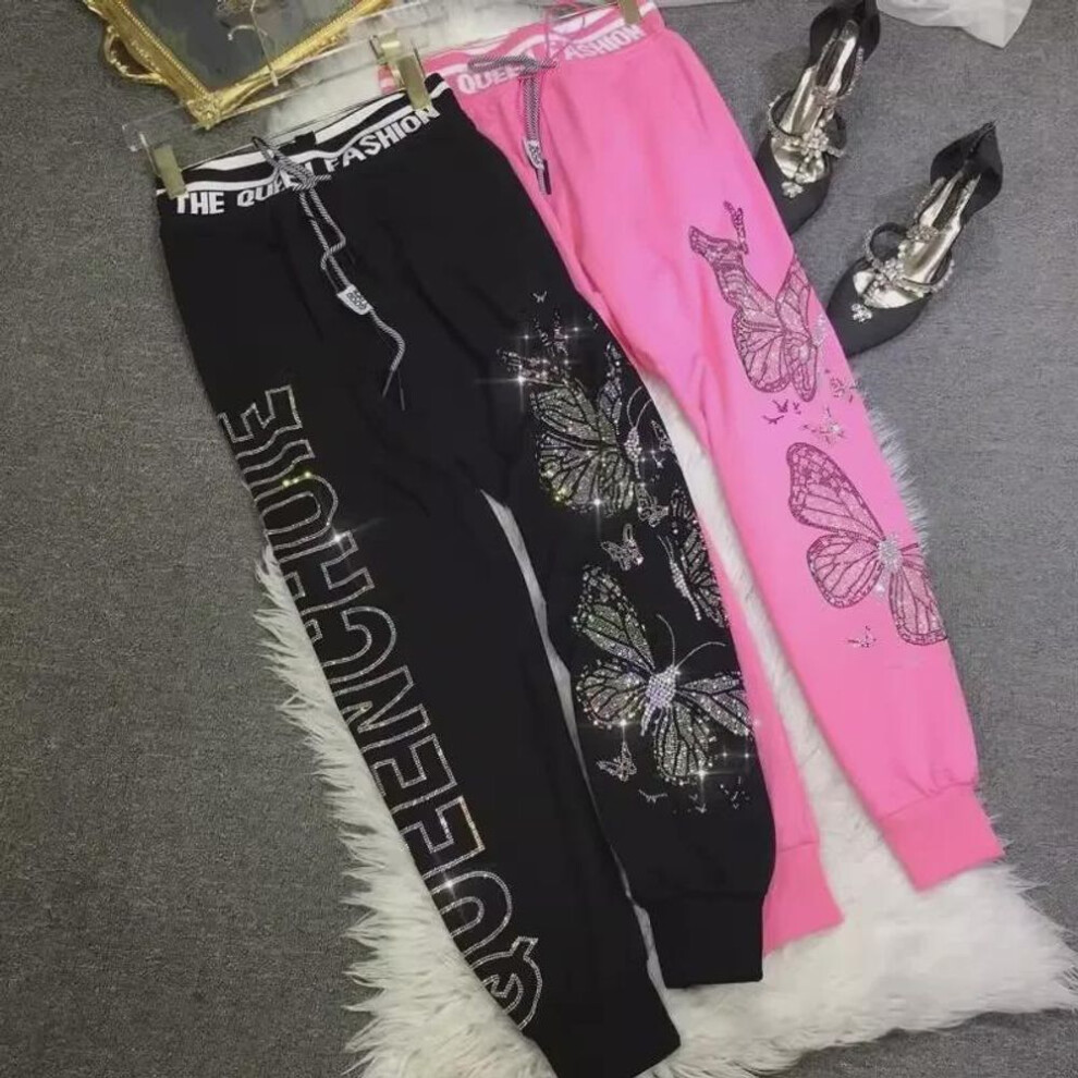 (black, 2XL) High-waisted Plus Size Diamond Sweatpants For Women - Autumn/winter Leg-slimming Butterfly Design