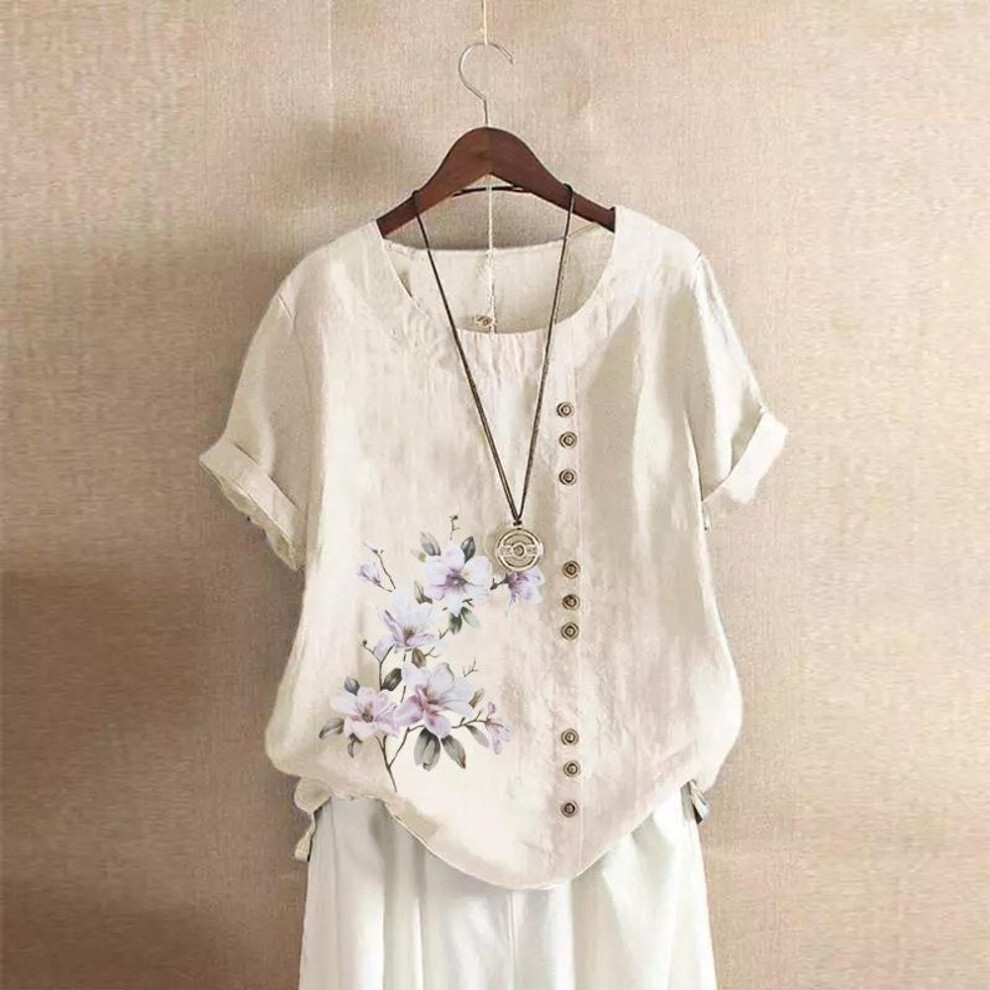 (M, beige) Women's Retro Cotton Linen Short-Sleeve T-Shirt - Loose Fit Large Size for Summer & Autumn
