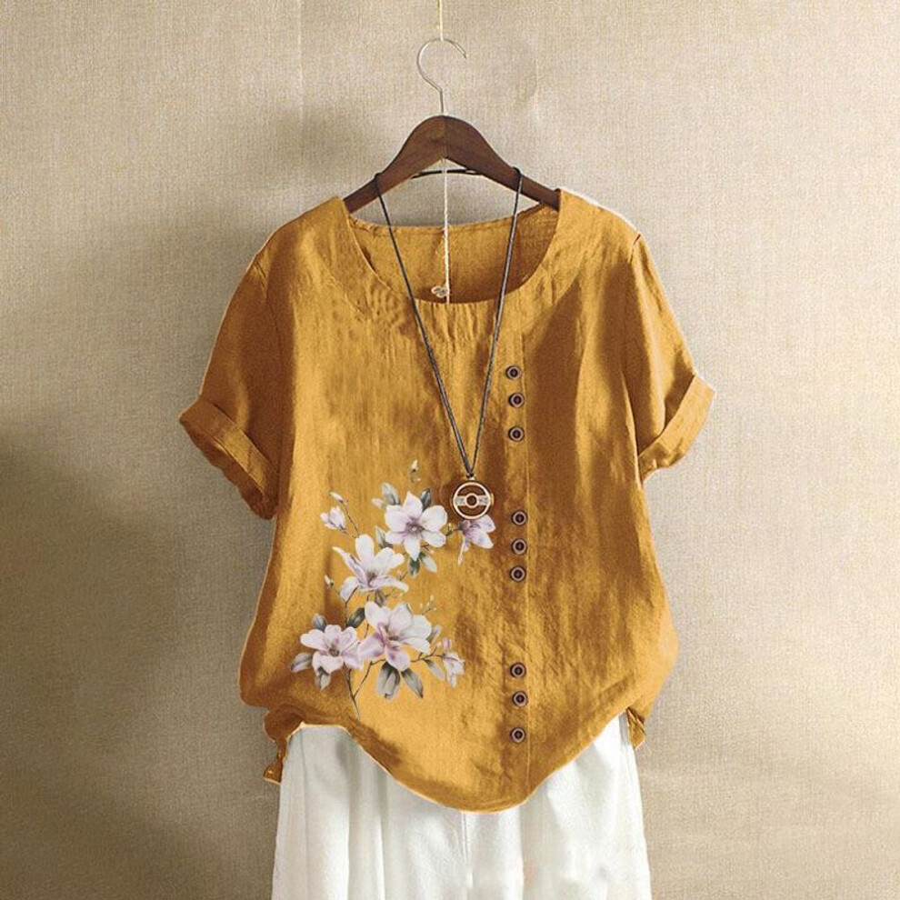 (4XL, ginger) Women's Retro Cotton Linen Short-Sleeve T-Shirt - Loose Fit Large Size for Summer & Autumn
