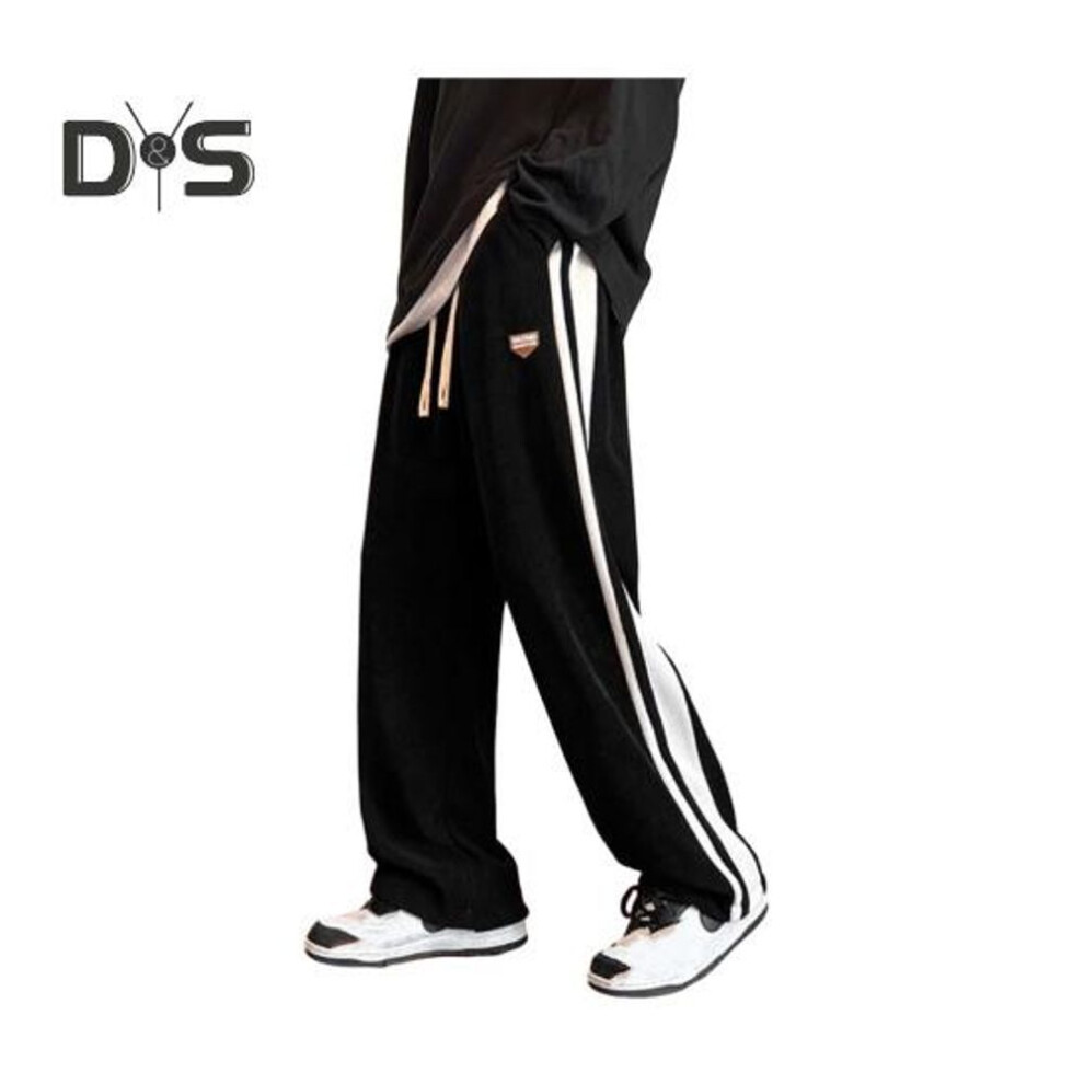 (black, XXXL) Men Pants Thick Plush Straight Wide Leg Casual Loose Striped Deep Crotch Full Length Sweatpants Hip Hop Streetwear Drawstring Elastic Waist Long