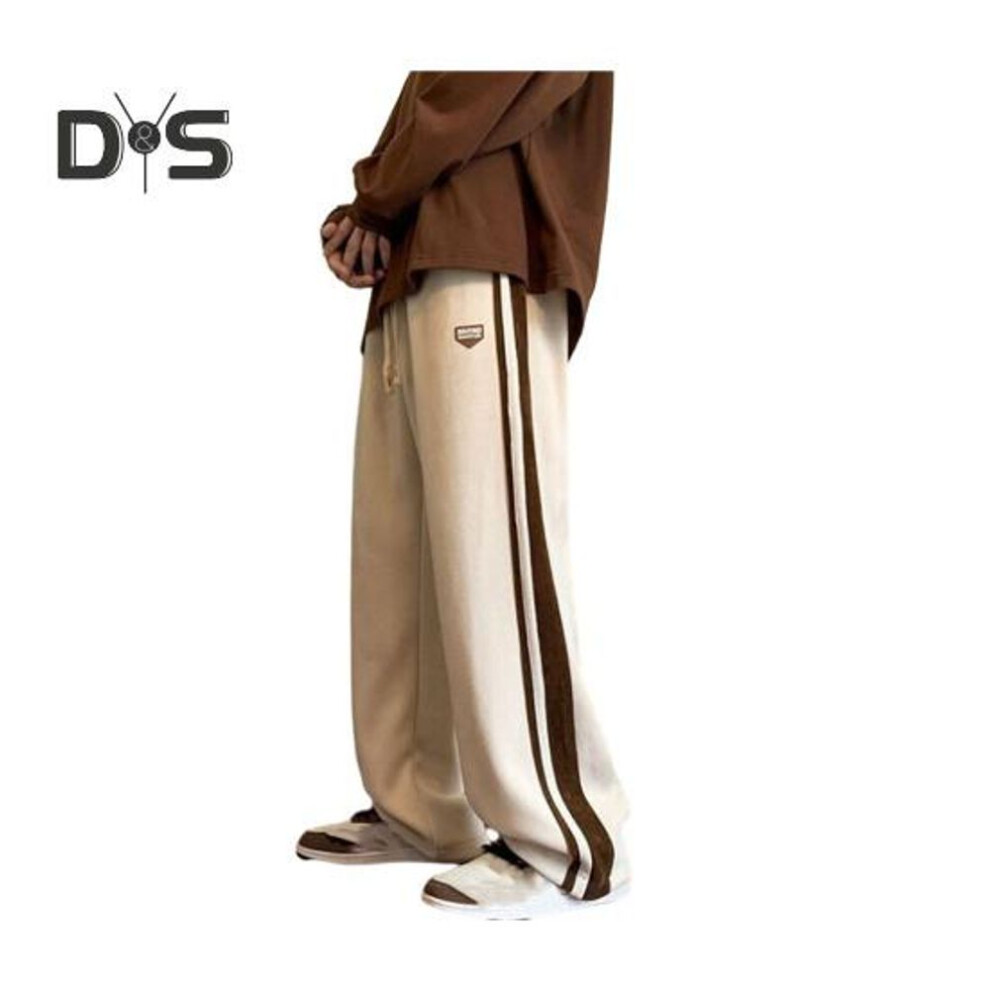 (beige, XL) Men Pants Thick Plush Straight Wide Leg Casual Loose Striped Deep Crotch Full Length Sweatpants Hip Hop Streetwear Drawstring Elastic Waist Long