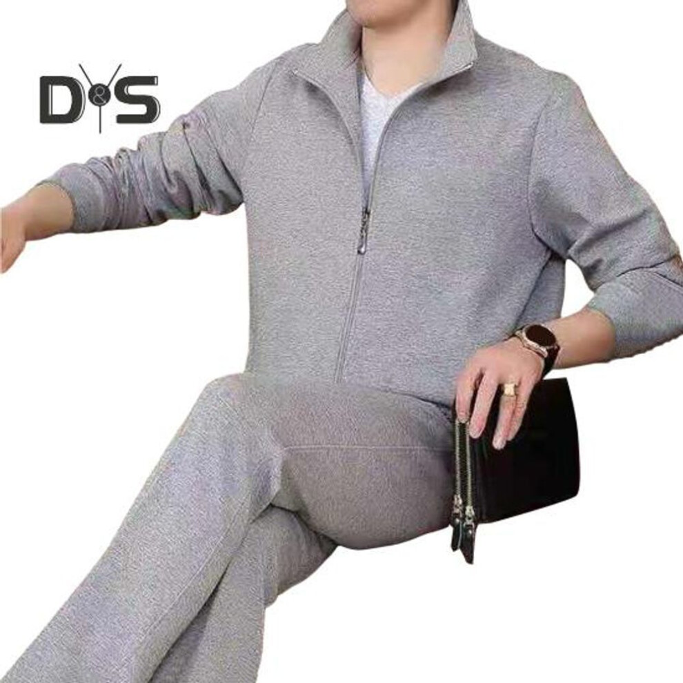 (grey, XXXXL) 2Pcs/Set Men Sport Outfit Lapel Long Sleeve Zipper Placket Coat Elastic Waist Pockets Long Pants Set Solid Color Sweatshirt Sweatpants Set