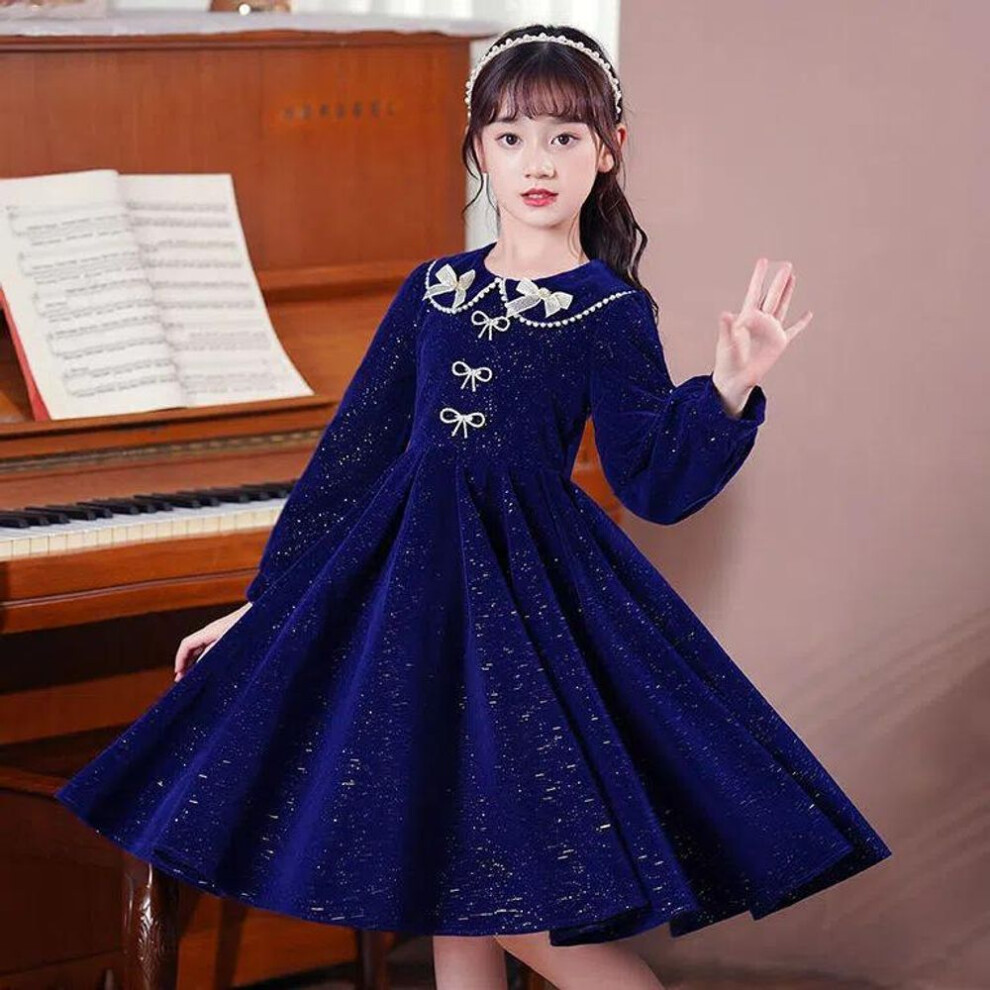 (navy blue, 110cm) Girls' Long Sleeve Doll Collar Princess Dress - Spring/Autumn