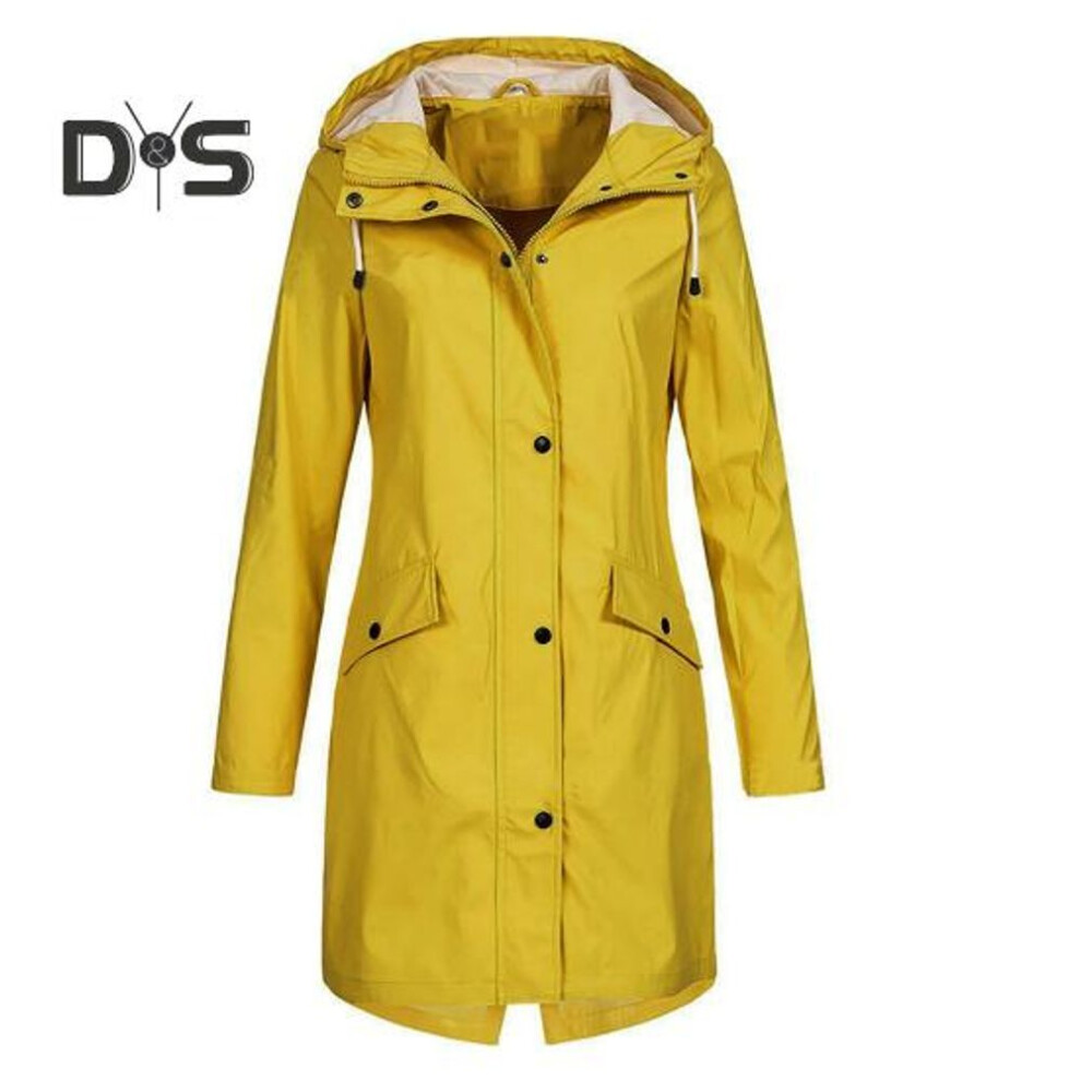 (yellow, M) Women Autumn Winter Solid Color Trench Coat Hooded Drawstring Long Sleeve Windbreaker Buttons Zipper Placket Pockets Mid Length Jacket Coat
