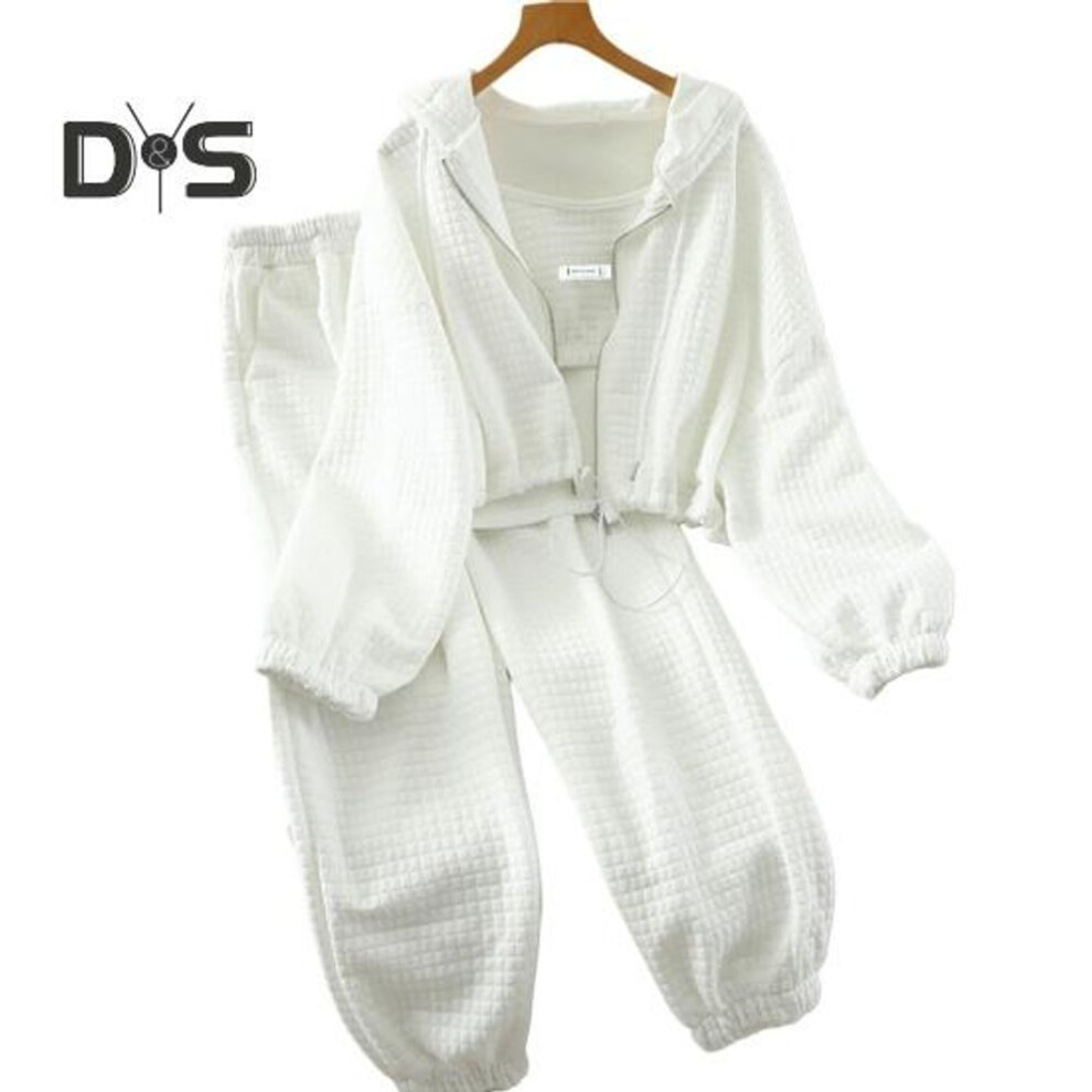 (white, XL) 3Pcs/Set Women Autumn Winter Sport Outfit Sling Vest Hooded Long Sleeve Zipper Placket Coat Elastic Waist Sweatpants Set