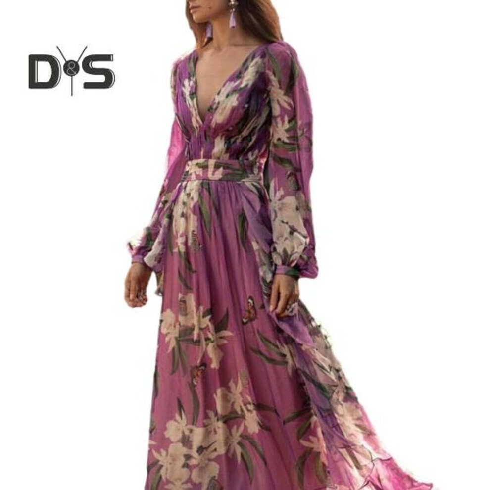 (purple, L) Women Maxi Dress Low Cut Deep V Neck Tight High Waist Flower Print Lantern Sleeve Big Hem Soft Vintage Fall Spring Dress