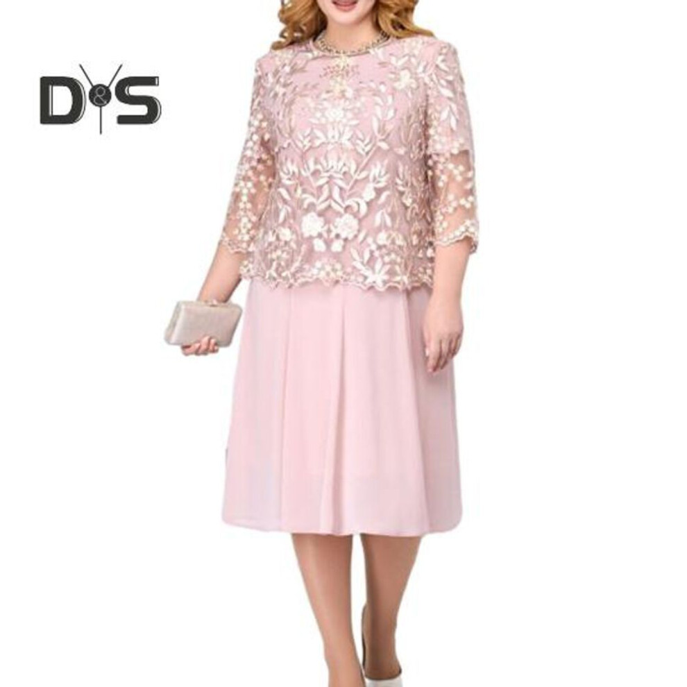 (pink, 5XL) 2Pcs/Set Women Plus Size Party Outfit O neck Short Sleeve Loose Hem Midi Dress Hollow Out Embroidery Lace Floral Cover Up Shawl Set