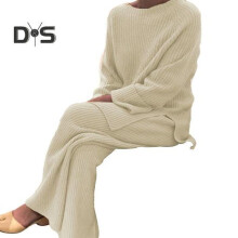 (apricot, 3XL) 2 Pcs/Set Women Sweater Pants Set Knitted Stretchy Round Neck Loose Wide Leg Elastic Waist Thick Soft Warm Homewear Sleepwear Lady Winter Fall