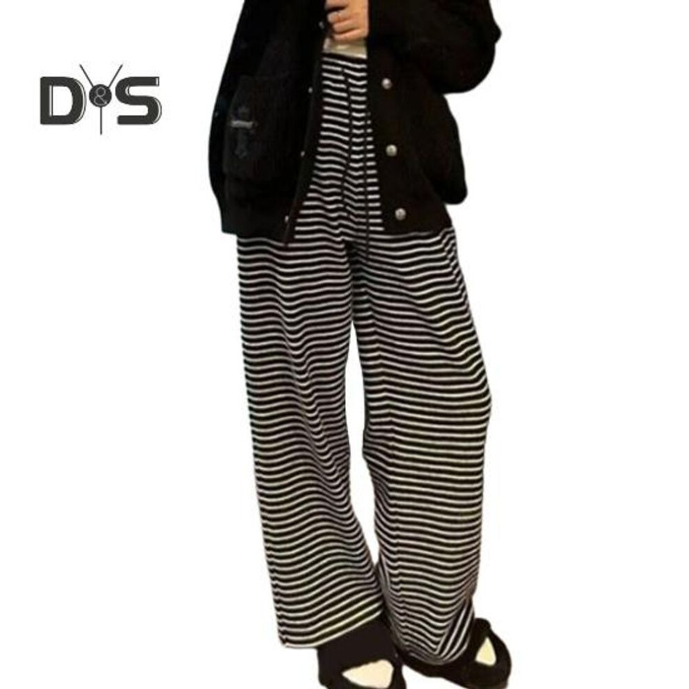 (black, XL) Women Pants Knitted Contrast Striped Print Loose Wide Leg Drawstring Elastic Waist Baggy Soft Straight Fall Spring Long Trousers