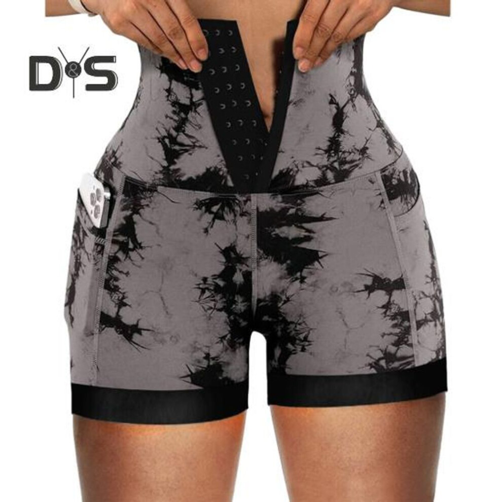 (black, L) Women Shorts High Waist Tummy Control Butt Lifted Tie Dye Pockets Front Closure Elastic Compression Slim Fit Yoga Shorts