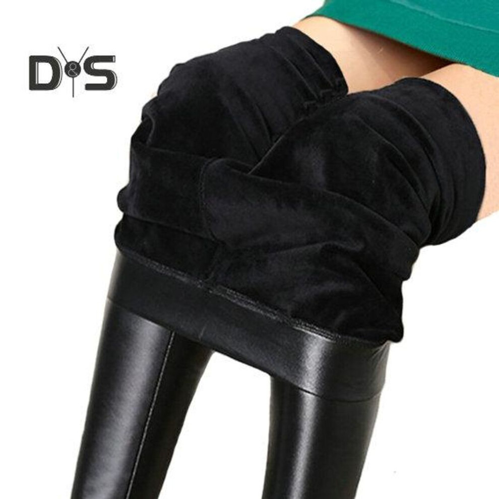 (black, S) Women Pants Smooth Faux Leather Thick Soft Plush Lining Solid Color High Waist Elastic Slim Fit Skinny Warm Club Party Trousers