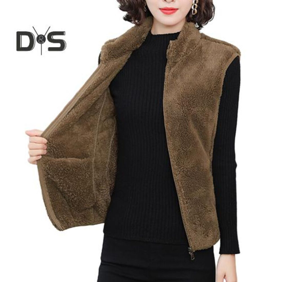(camel, L) Women Autumn Winter Solid Color Plush Waistcoat Stand Collar Sleeveless Pockets Zipper Placket Thickened Double Sides Fleece Vest Coat