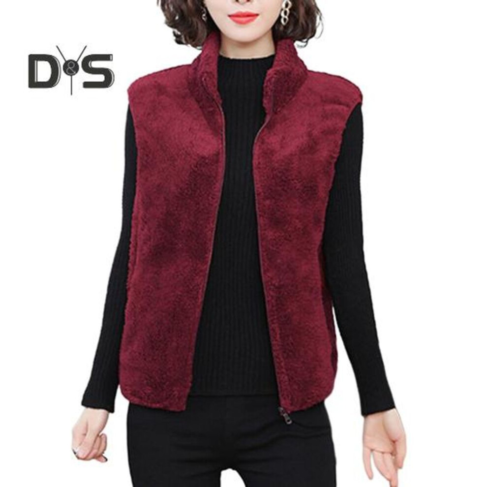 (wine red, L) Women Autumn Winter Solid Color Plush Waistcoat Stand Collar Sleeveless Pockets Zipper Placket Thickened Double Sides Fleece Vest Coat