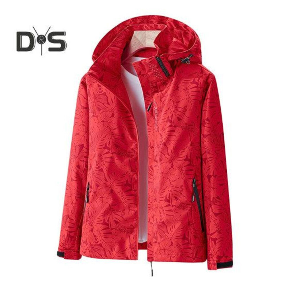(red, 3XL) Women Jacket Outdoor Windbreaker Leaf Print Single layer Waterproof Breathable Long Sleeve Hooded Zipper Pockets Zip Up Lady Fall Spring Coat