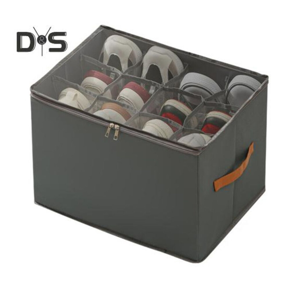 (grey) Shoe Storage Box With Transparent Cover Zipper Closure Large Capacity Multiple Compartments Closet Shoe Storage Organizer