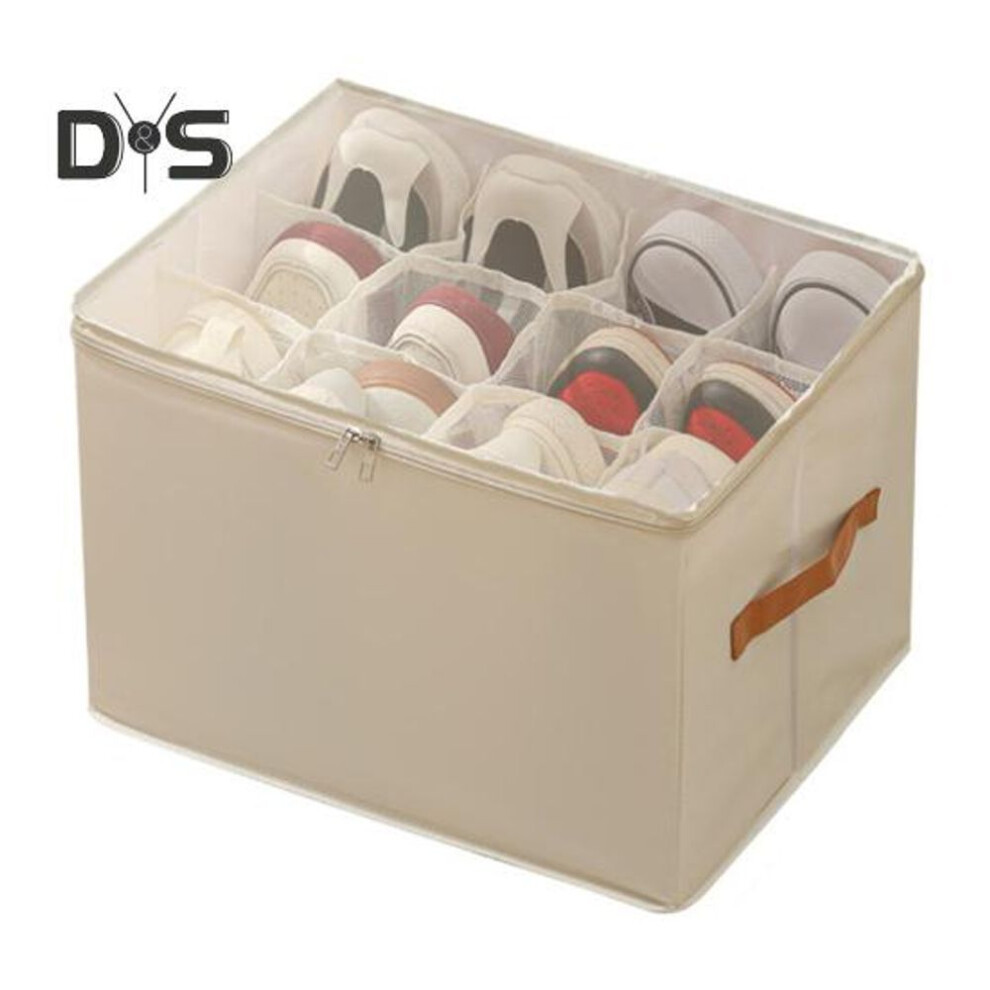 (beige) Shoe Storage Box With Transparent Cover Zipper Closure Large Capacity Multiple Compartments Closet Shoe Storage Organizer