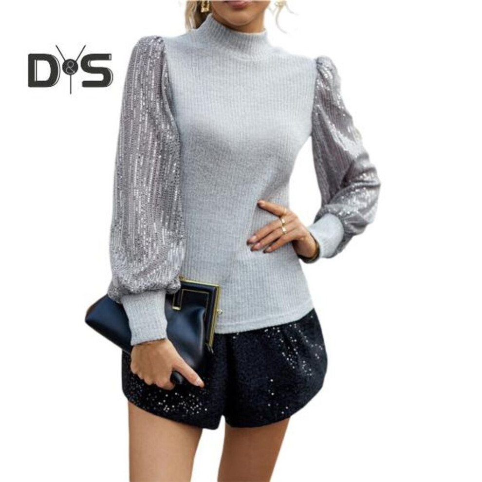 (M, grey) Womens Long Sleeve Tops Mock Neck Sequins Puff Sleeve Patchwork Blouses Solid Color Slim Fit Casual T Shirts