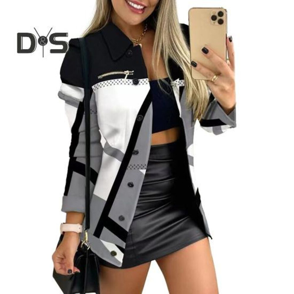 (grey white, S) Women Fall Sping Coat Color Matching Single Breasted Buttons Lapel Ol Commute Style Zipper Decor Mid Length Lady Blazer Jacket
