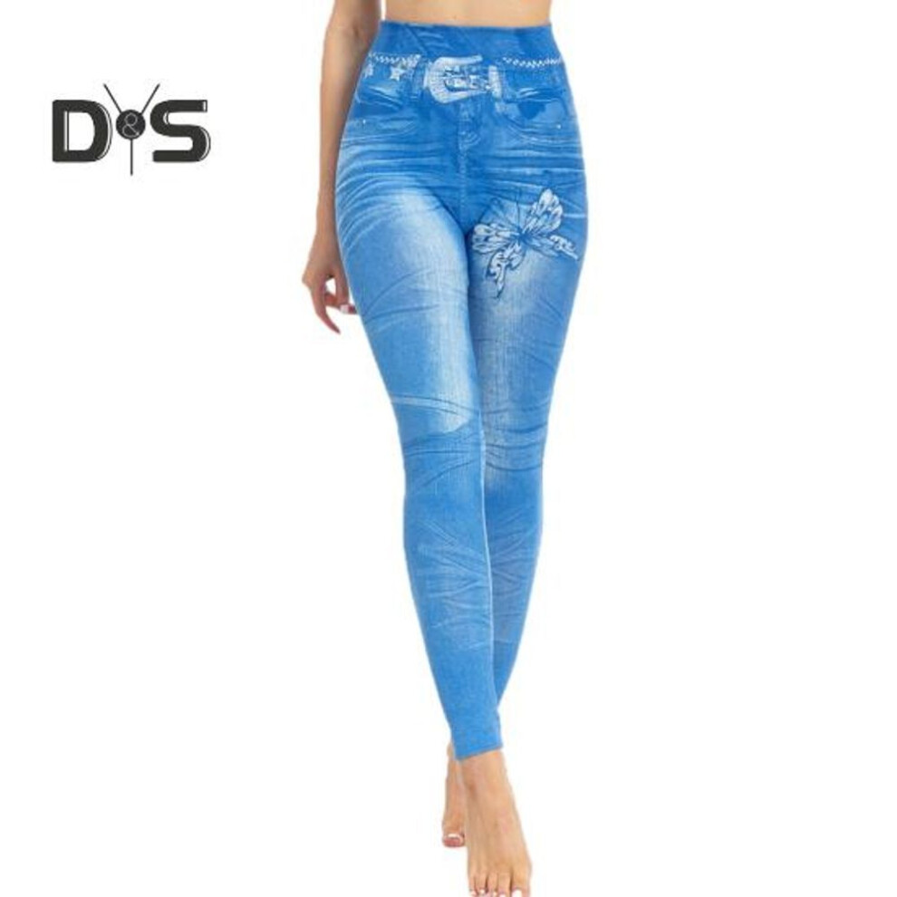 (blue, XL) Women Pants High Elastic Butterfly Print Slim Fit Skinny High Waist Soft Breathable Jogging Gym Yoga Trousers Pencil Pants